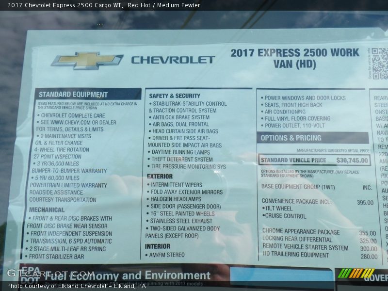  2017 Express 2500 Cargo WT Window Sticker