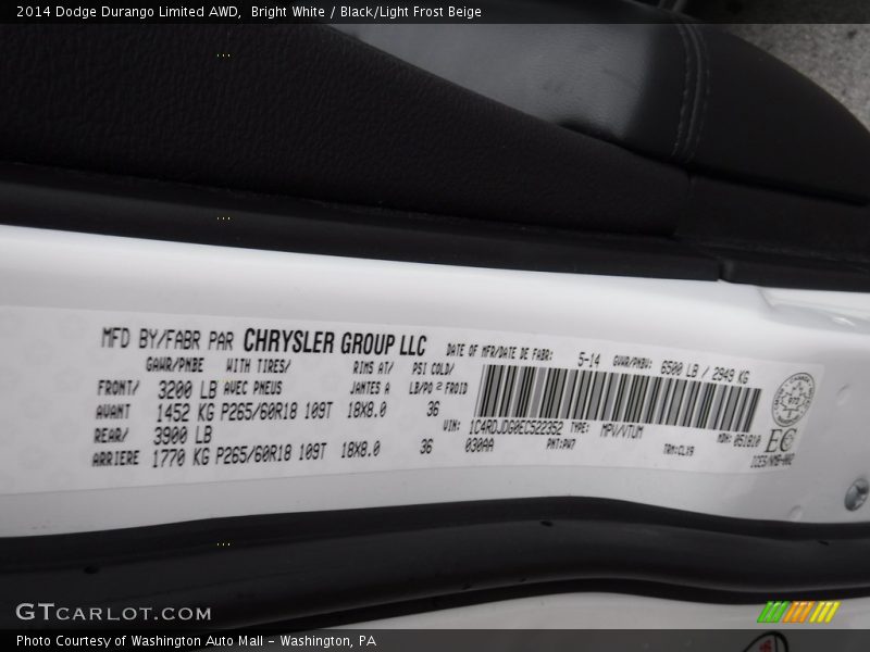 Bright White / Black/Light Frost Beige 2014 Dodge Durango Limited AWD