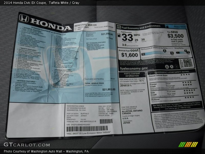 Taffeta White / Gray 2014 Honda Civic EX Coupe