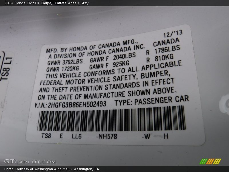 Taffeta White / Gray 2014 Honda Civic EX Coupe