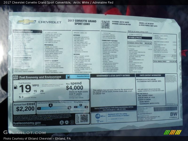  2017 Corvette Grand Sport Convertible Window Sticker