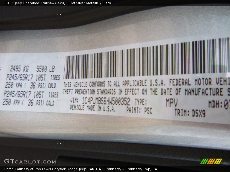 2017 Cherokee Trailhawk 4x4 Billet Silver Metallic Color Code PSC