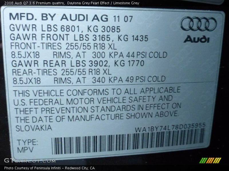Daytona Grey Pearl Effect / Limestone Grey 2008 Audi Q7 3.6 Premium quattro