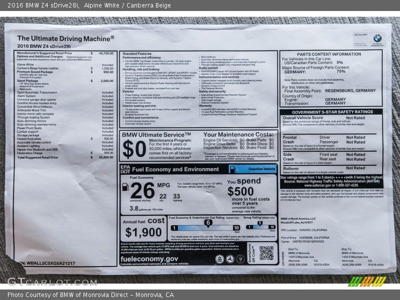 Alpine White / Canberra Beige 2016 BMW Z4 sDrive28i