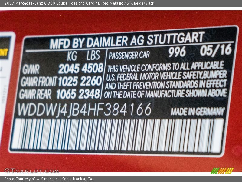 designo Cardinal Red Metallic / Silk Beige/Black 2017 Mercedes-Benz C 300 Coupe