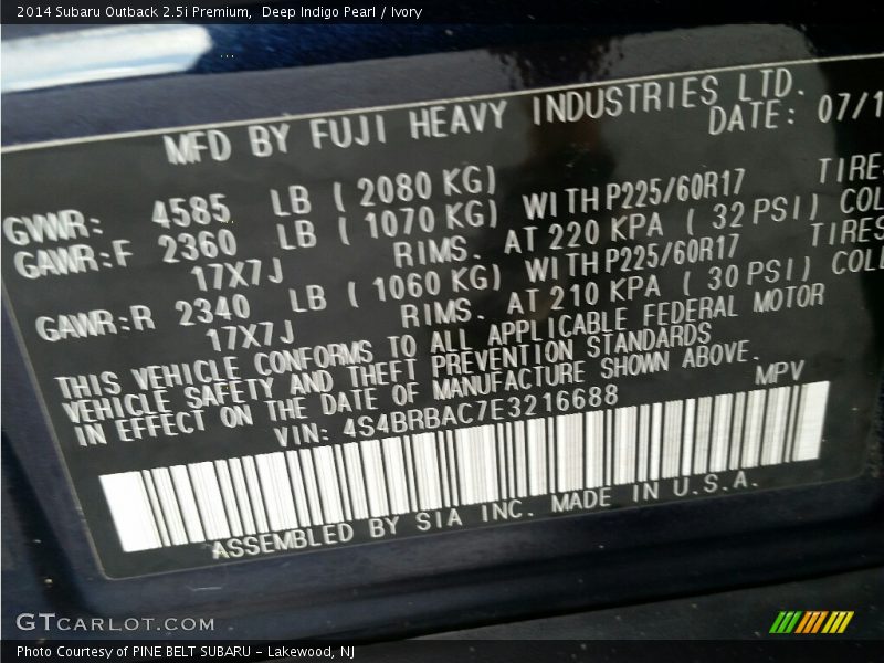 Deep Indigo Pearl / Ivory 2014 Subaru Outback 2.5i Premium