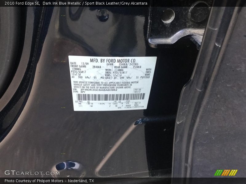 Dark Ink Blue Metallic / Sport Black Leather/Grey Alcantara 2010 Ford Edge SE