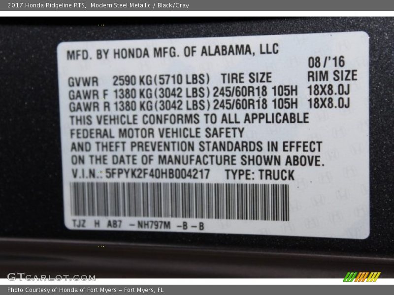 Modern Steel Metallic / Black/Gray 2017 Honda Ridgeline RTS