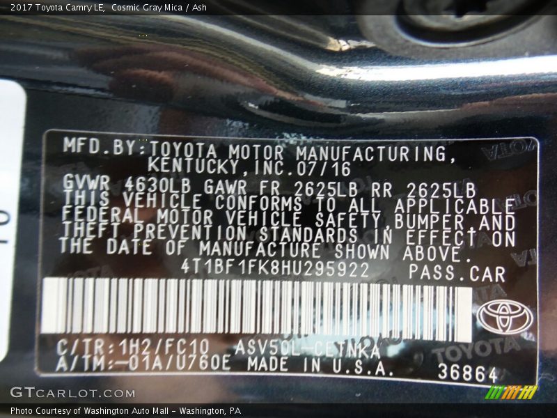 2017 Camry LE Cosmic Gray Mica Color Code 1H2