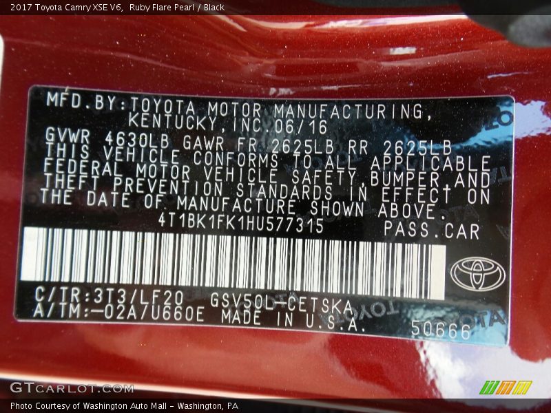 2017 Camry XSE V6 Ruby Flare Pearl Color Code 3T3