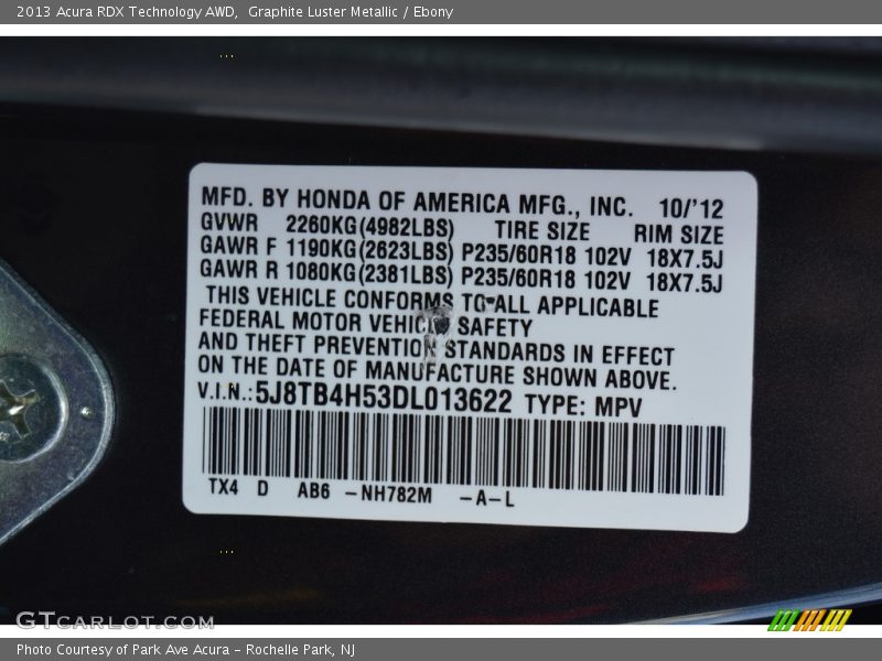 Graphite Luster Metallic / Ebony 2013 Acura RDX Technology AWD