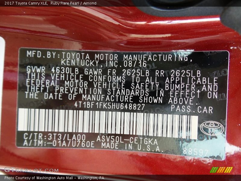 2017 Camry XLE Ruby Flare Pearl Color Code 3T3