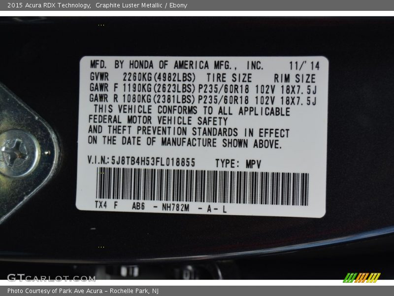 Graphite Luster Metallic / Ebony 2015 Acura RDX Technology