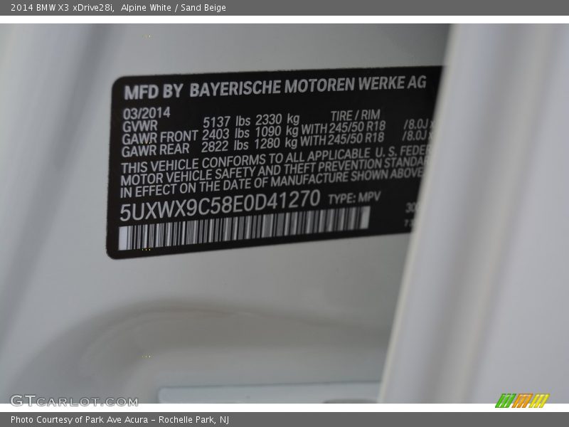 Alpine White / Sand Beige 2014 BMW X3 xDrive28i
