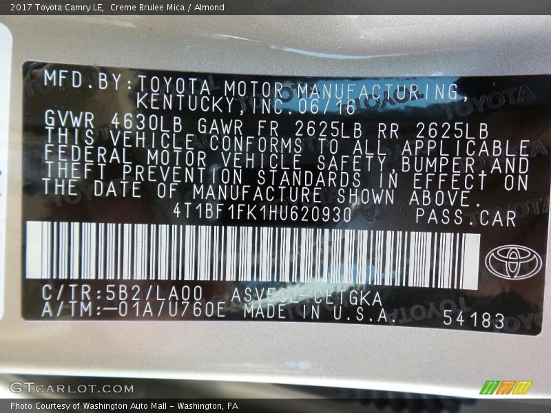 2017 Camry LE Creme Brulee Mica Color Code 5B2