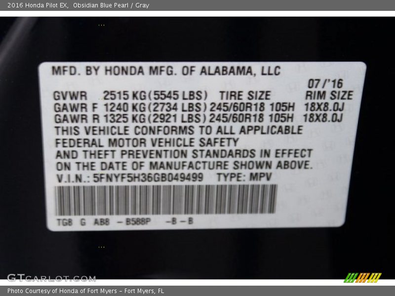 Obsidian Blue Pearl / Gray 2016 Honda Pilot EX
