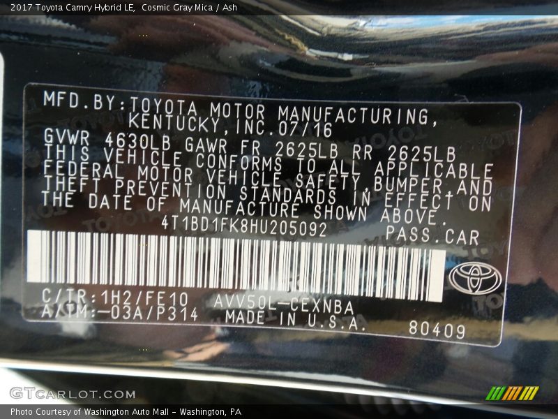 2017 Camry Hybrid LE Cosmic Gray Mica Color Code 1H2