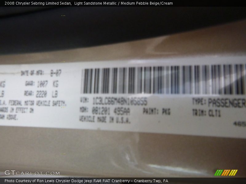 Light Sandstone Metallic / Medium Pebble Beige/Cream 2008 Chrysler Sebring Limited Sedan