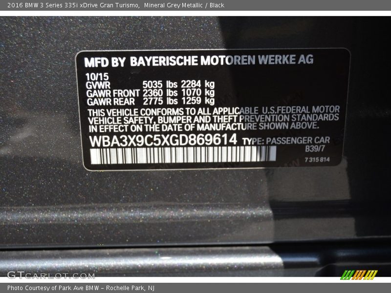 Mineral Grey Metallic / Black 2016 BMW 3 Series 335i xDrive Gran Turismo