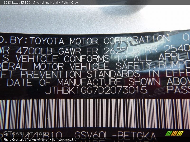 Silver Lining Metallic / Light Gray 2013 Lexus ES 350