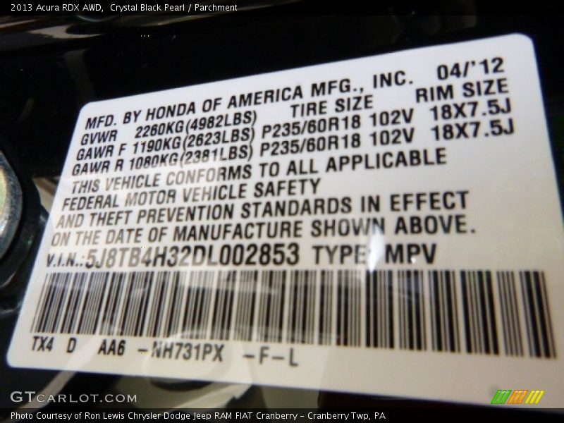Crystal Black Pearl / Parchment 2013 Acura RDX AWD