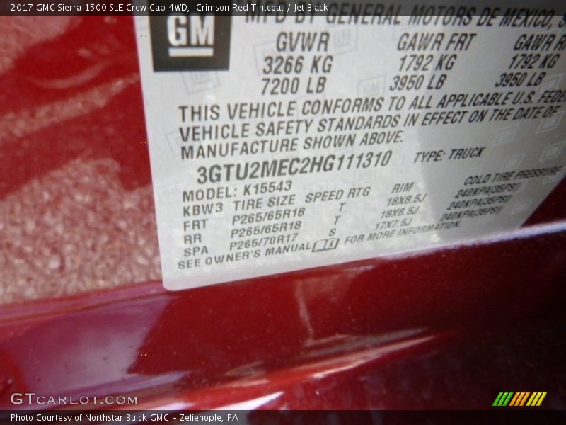 Crimson Red Tintcoat / Jet Black 2017 GMC Sierra 1500 SLE Crew Cab 4WD