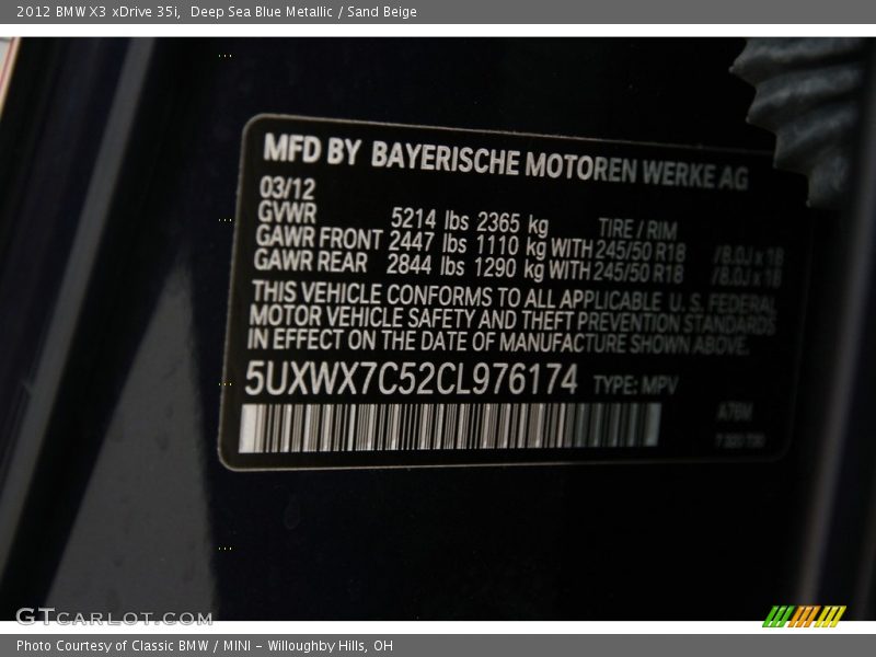 Deep Sea Blue Metallic / Sand Beige 2012 BMW X3 xDrive 35i