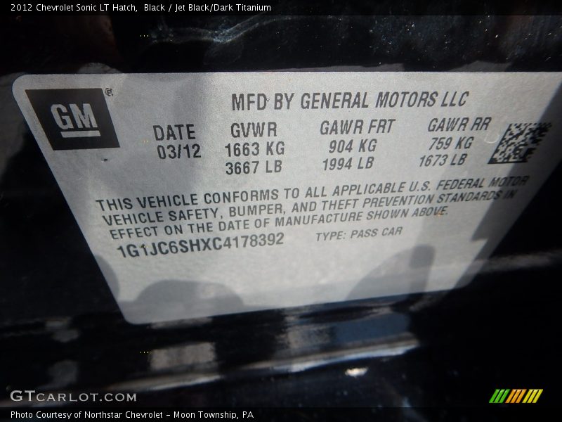 Black / Jet Black/Dark Titanium 2012 Chevrolet Sonic LT Hatch
