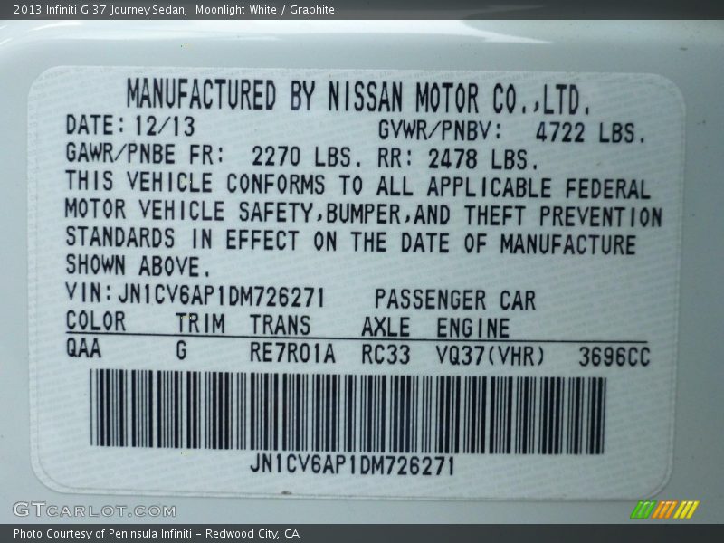 Moonlight White / Graphite 2013 Infiniti G 37 Journey Sedan