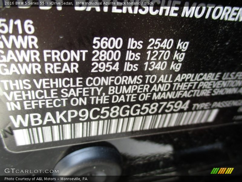 BMW Individual Azurite Black Metallic / Black 2016 BMW 5 Series 550i xDrive Sedan