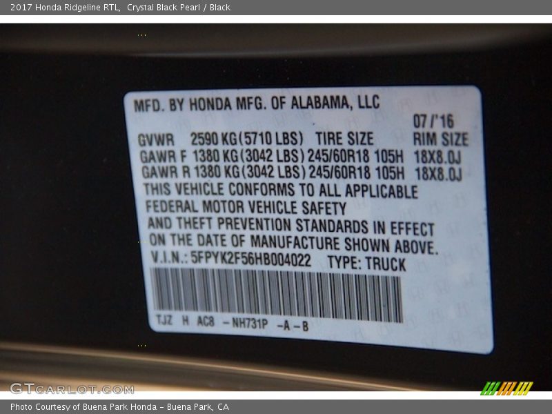 Crystal Black Pearl / Black 2017 Honda Ridgeline RTL