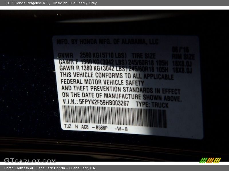 Obsidian Blue Pearl / Gray 2017 Honda Ridgeline RTL