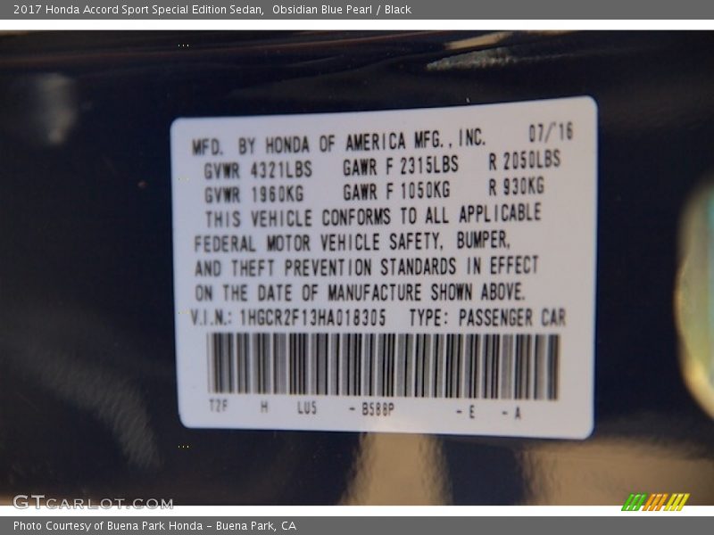 2017 Accord Sport Special Edition Sedan Obsidian Blue Pearl Color Code B588P