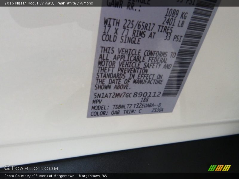 Pearl White / Almond 2016 Nissan Rogue SV AWD