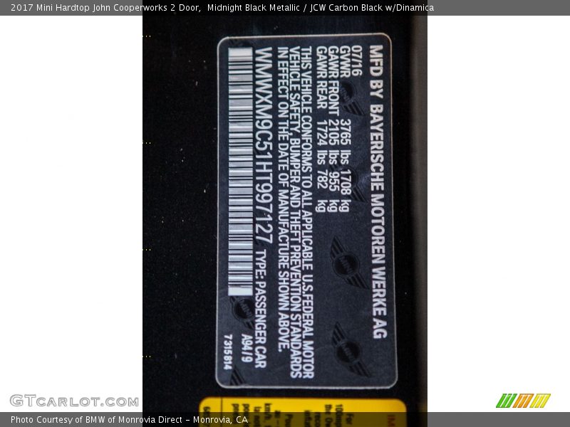 2017 Hardtop John Cooperworks 2 Door Midnight Black Metallic Color Code A94