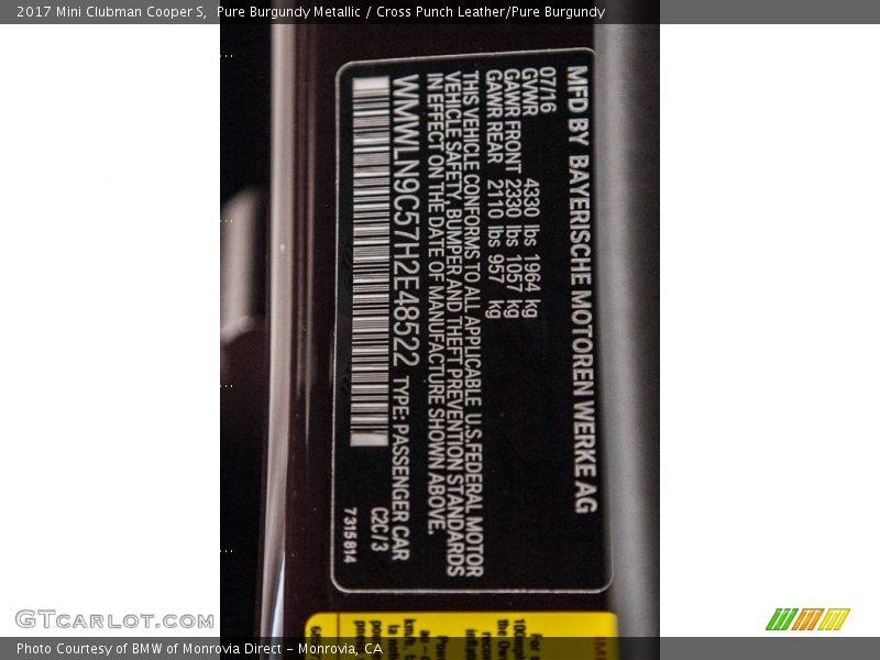 2017 Clubman Cooper S Pure Burgundy Metallic Color Code C2C