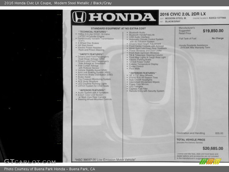 Modern Steel Metallic / Black/Gray 2016 Honda Civic LX Coupe