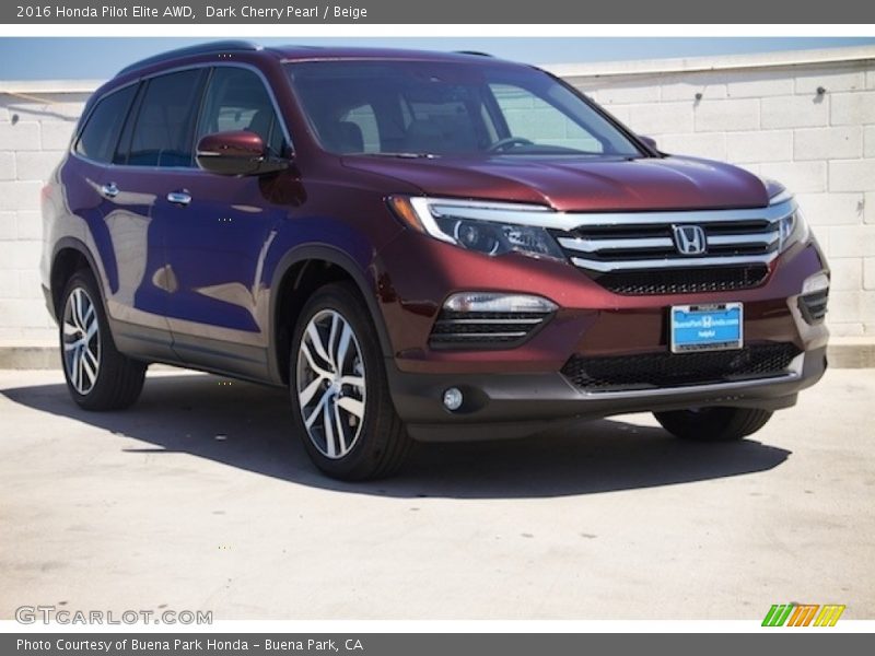 Dark Cherry Pearl / Beige 2016 Honda Pilot Elite AWD