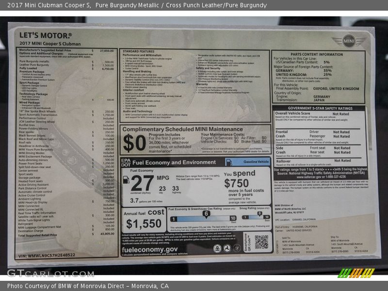  2017 Clubman Cooper S Window Sticker