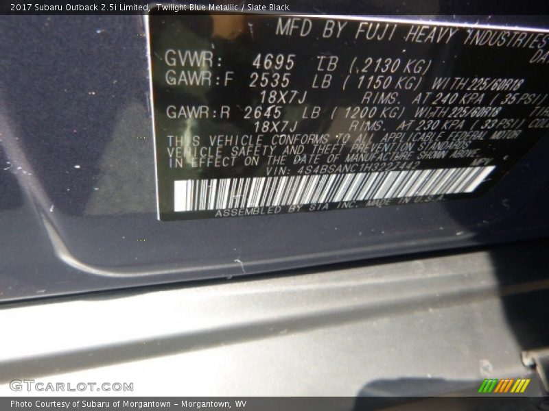 Twilight Blue Metallic / Slate Black 2017 Subaru Outback 2.5i Limited