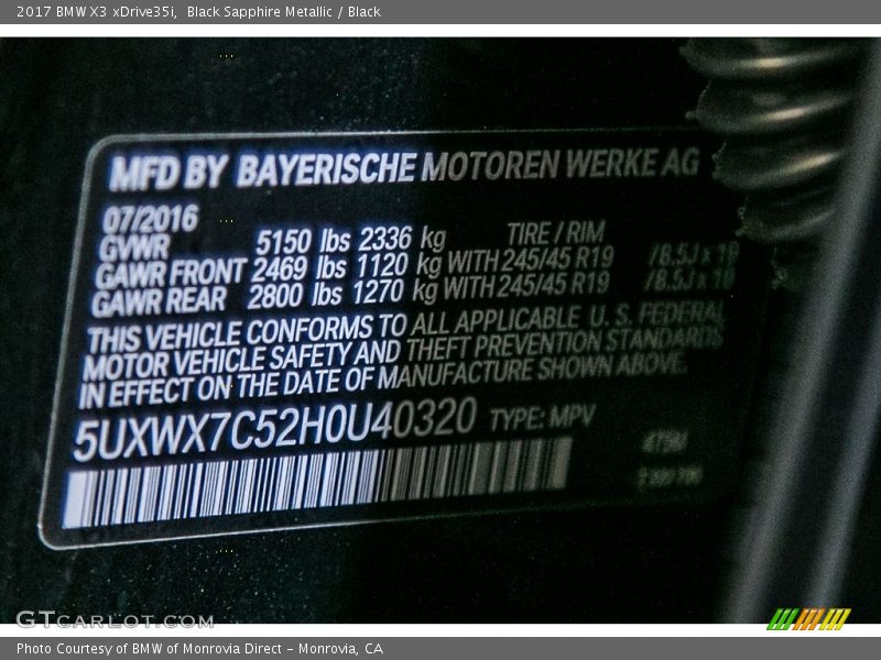 Black Sapphire Metallic / Black 2017 BMW X3 xDrive35i