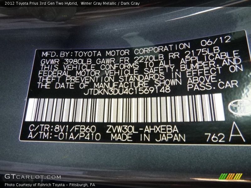 Winter Gray Metallic / Dark Gray 2012 Toyota Prius 3rd Gen Two Hybrid