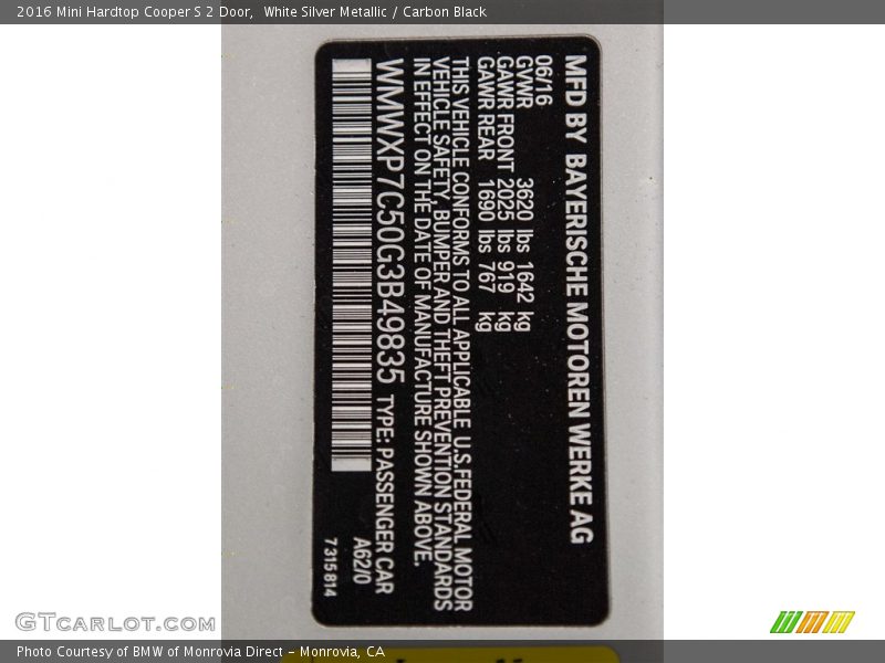 White Silver Metallic / Carbon Black 2016 Mini Hardtop Cooper S 2 Door