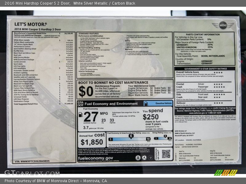 White Silver Metallic / Carbon Black 2016 Mini Hardtop Cooper S 2 Door
