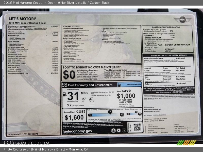 White Silver Metallic / Carbon Black 2016 Mini Hardtop Cooper 4 Door