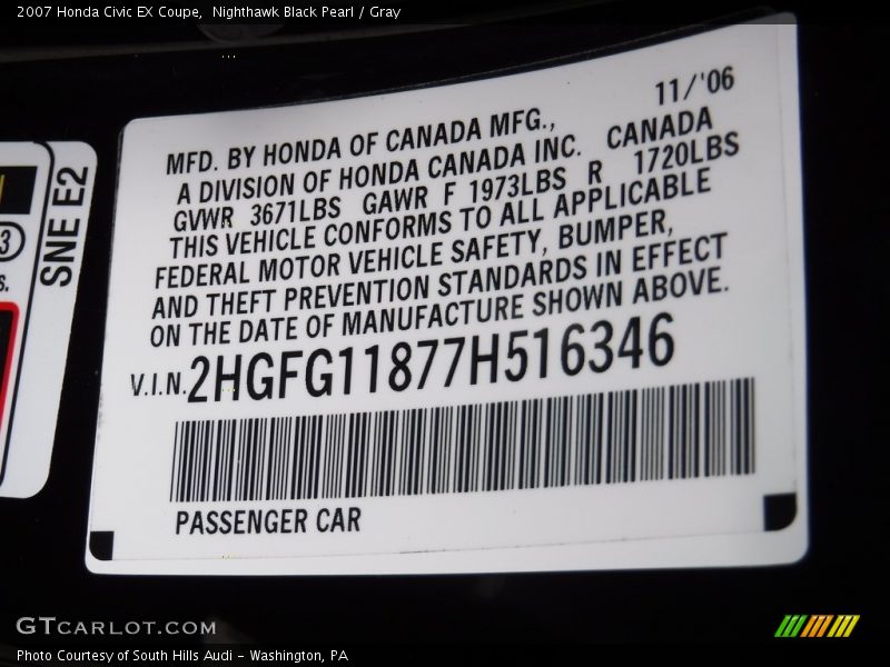 Nighthawk Black Pearl / Gray 2007 Honda Civic EX Coupe