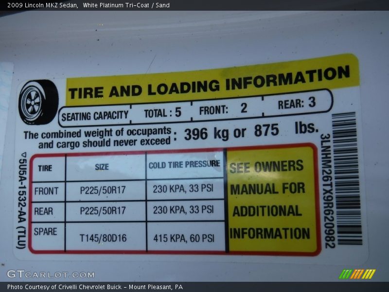 White Platinum Tri-Coat / Sand 2009 Lincoln MKZ Sedan