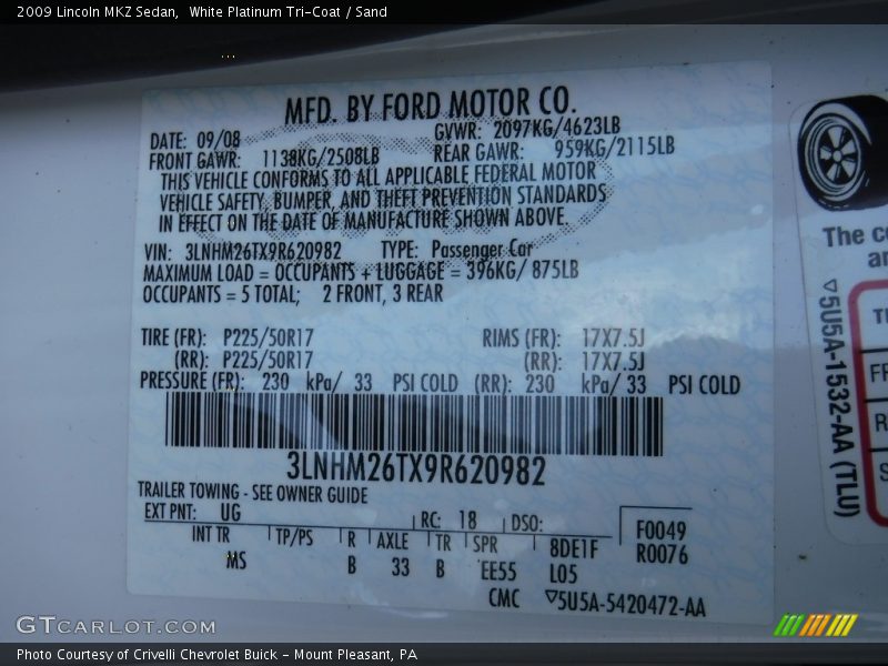 White Platinum Tri-Coat / Sand 2009 Lincoln MKZ Sedan