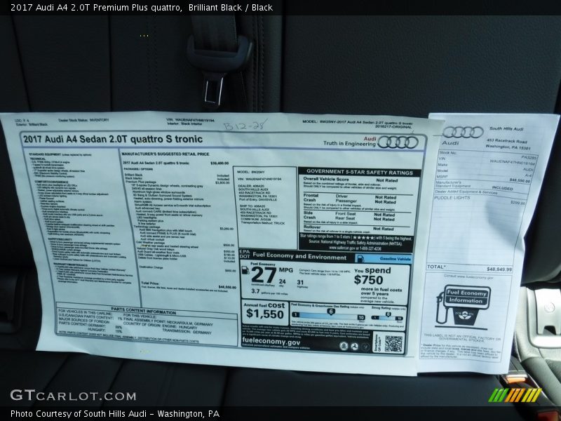  2017 A4 2.0T Premium Plus quattro Window Sticker