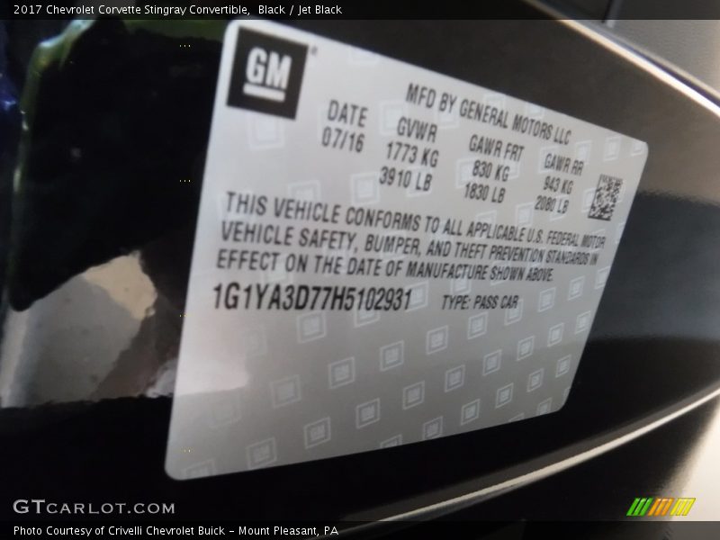 Black / Jet Black 2017 Chevrolet Corvette Stingray Convertible